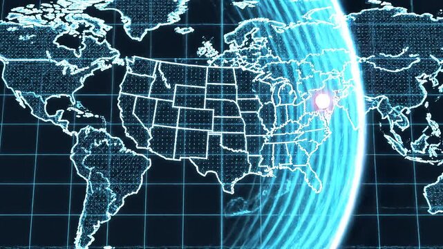 Tracking pan shot of holographic world map pinpointing red location marker over eastern united states on grid display