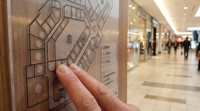 Hand of a visually impaired person reading a tactile braille map in a shopping mall