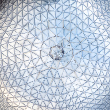 Aerial view of the geodesic dome structure of the Irish Cement Ltd facility with its intricate triangular metallic grid pattern in Drogheda, County Louth, Ireland.