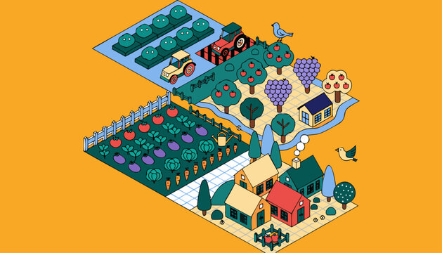Very beautiful tiny farming world featuring miniature tractors, vegetable gardens, fruit orchards, and charming wooden houses in detailed isometric vector illustration style.