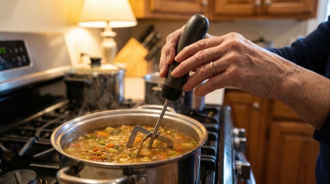 Hand using a metal masher to crush ingredients in a pot of hot vegetable soup