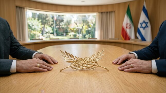 Two diplomats seated at a conference table with an olive branch symbol, representing geopolitical negotiations, regional peace, and international relations between Iran and Israel