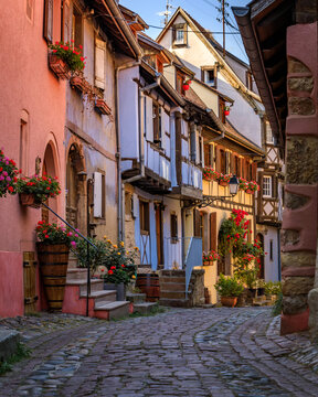 Traditional half timbered houses on the Alsatian Wine Route, Eguisheim, France