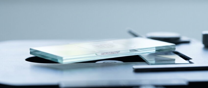 Blank microscope slide ready beside laboratory microscope