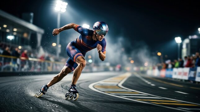 Professional inline skater racing on a track during a night championship event, demonstrating high-speed athleticism for sports competition and fitness marketing