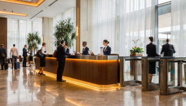 Energetic reception scene featuring a vibrant checkin desk with dynamic blurred background guests emphasizing fastpaced lobby atmosphere and access gates.