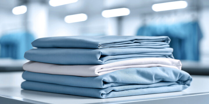 Neat stack of clean folded hospital sheets and surgical scrubs in a blurred industrial laundry setting

