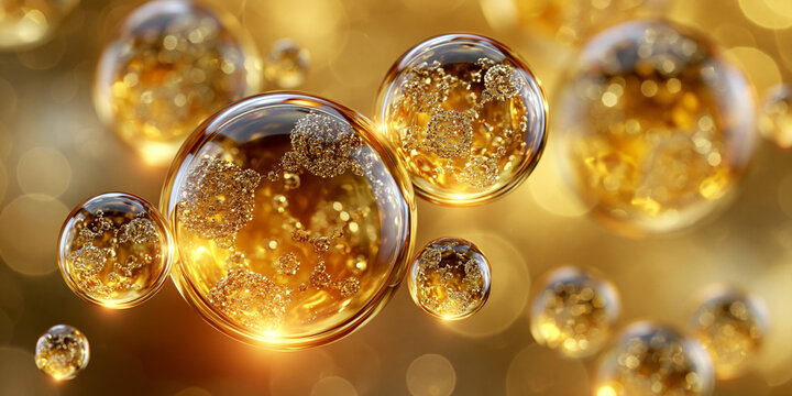 Abstract golden cosmetic serum bubbles background, glowing oil drops and collagen molecules for skin care. pdrn salmon dna.