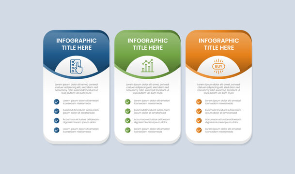 Process table box base shape infographic with glossy gradient style with round header badge with half circle badge and checklist icon stacked with three segment information