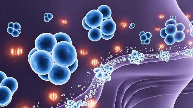 3D Cellular Movement Animation Depicting Blue Cells on a Purple Background for Medical and Health Research Visualizations