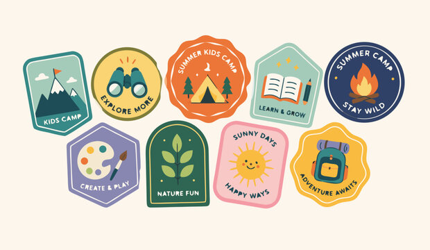 Children's summer camp badges with outdoor activity icons on a light background