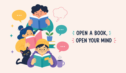 Naklejka premium Diverse children reading books with thought bubbles during a calm afternoon illustration