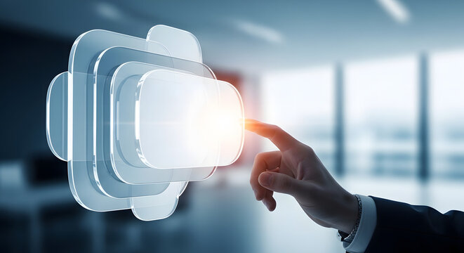 Professional hand in a suit touching a glowing, abstract stack of transparent rectangular shapes, symbolizing innovative digital interaction and future technology, isolated on transparent background.
