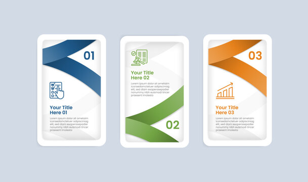 Process table box base shape infographic with glossy gradient style with vertical tall box with flipping ribbon upside down with three segment information