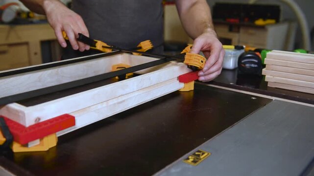 In carpentry workshop clamps press wooden beams together gluing into large board for furniture production. Adhesive application, manual skill.