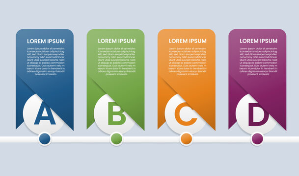 Process table box base shape infographic with glossy gradient style with round vertical box with slice cut ribbon with circle snipping on timeline horizontal with four segment information