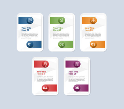 Process table box base shape infographic with glossy gradient style with vertical round box with long round rectangle up and bottom with five segment information
