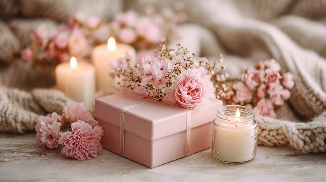 Pink gift box with blooming flowers and candles in warm tones, cozy celebration concept with romantic floral atmosphere and elegant feminine styling.