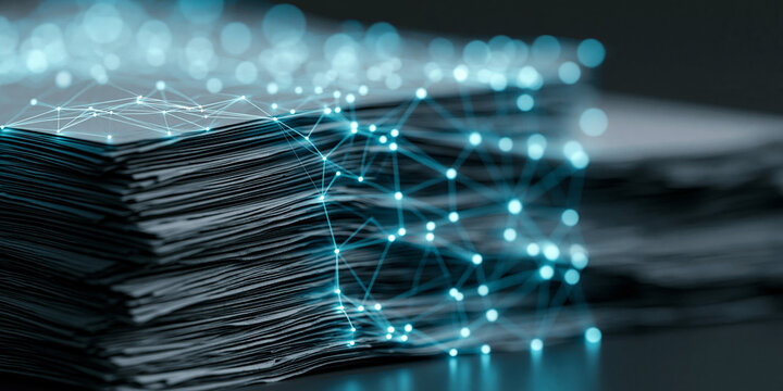 Digital transformation concept: Stack of dark physical documents converting into glowing blue cyberspace network data, big data storage abstraction