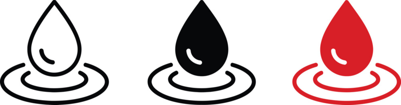 Water drop icon set black red and outline versions