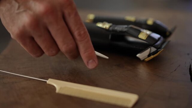 Male hairstylist's hand taking professional scissors from a wooden table with a comb and hair clipper. Hair salon workplace equipment