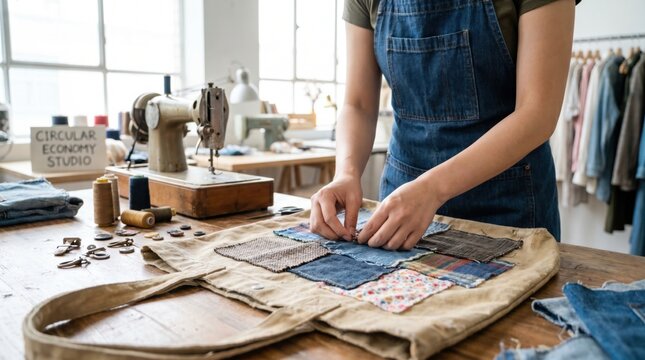 Seamstress working on a patchwork denim bag in a circular economy studio