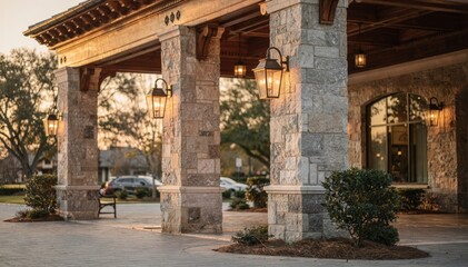 Fototapeta premium Focused medium shot of a traditional clubhouse arrival area highlighting classic stone columns and an ornate portecochere with vintage lanterns blurred trees and drive behind.