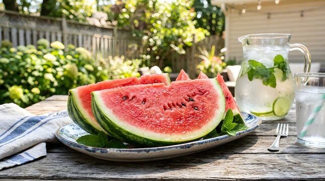 Refreshing watermelon slices and infused water served on a rustic wooden table outdoors on a sunny day.