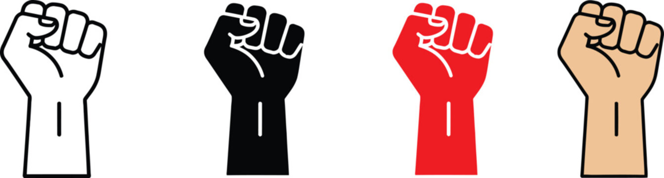 Four raised fists in different colors on white background