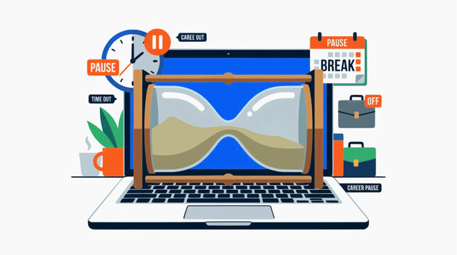 Concept of taking a break from career with hourglass on laptop and calendar showing pause