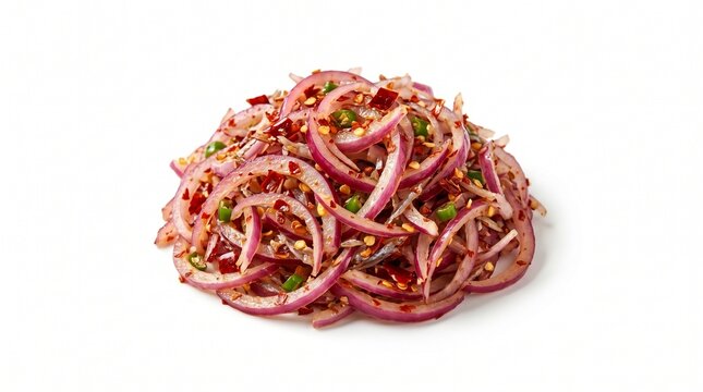 Fresh onion sambol isolated on white background with sliced red onion and chili, ideal for restaurant menus, condiment packaging, recipe blogs, and spicy food ads.