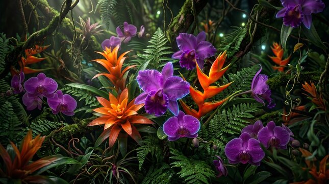 Exotic purple orchids and vibrant orange bromeliads in a lush tropical rainforest, mystical jungle flora with sunbeams and ferns, dense botanical background, nature concept.