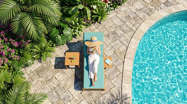 Woman in sun hat relaxing on turquoise pool lounger in lush tropical garden, high angle view, luxury vacation resort, summer lifestyle, peaceful backyard oasis with palm trees.