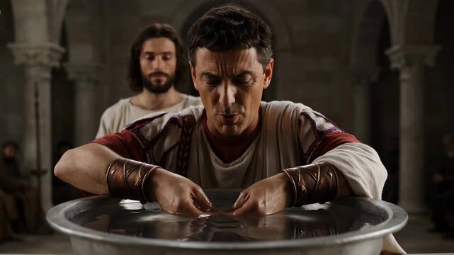 Roman governor washing hand as a gesture of innocence. Biblical scene of Pontius Pilate renouncing responsibility for Jesus Christ. Ancient ritual trial.