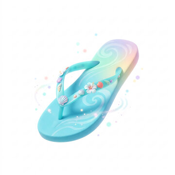 Pastel 3D flip-flop with shells and hibiscus flower, summer tropical sandal isolated on white background with magical sparkles, beach fashion and vacation concept.