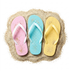 Fototapeta premium Pastel pink, blue, and yellow flip-flops on a pile of beach sand isolated on a white background, minimalist summer holiday and vacation fashion footwear concept.
