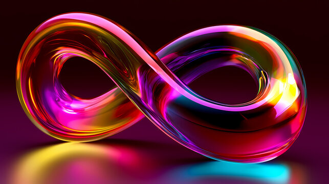 Colorful transparent liquid glass infinity shape with a glossy surface reflecting vivid pink, yellow, blue, and green light, set against a dark gradient background.