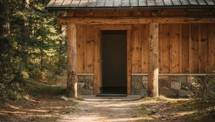 Fototapeta premium Medium shot of a rustic campground bathhouse entrance with wooden beams sharply in focus blurred surrounding forest highlighting natural aesthetics.