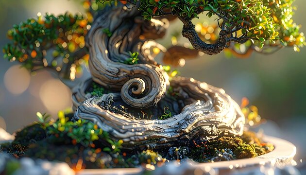 Gnarled miniature tree trunk with spiraling branches, bathed in warm light