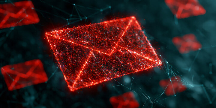 Glowing neon red email envelope icon in futuristic dark cyan cyberspace network background, digital communication concept


