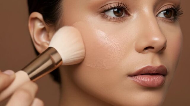 A woman applies makeup with a brush She has brown eyes and lips