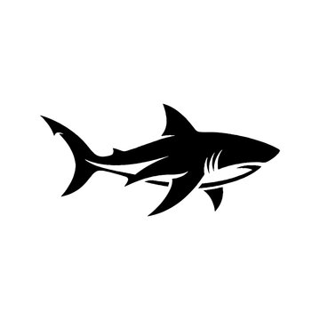 Minimalist black silhouette illustration of a great white shark swimming.