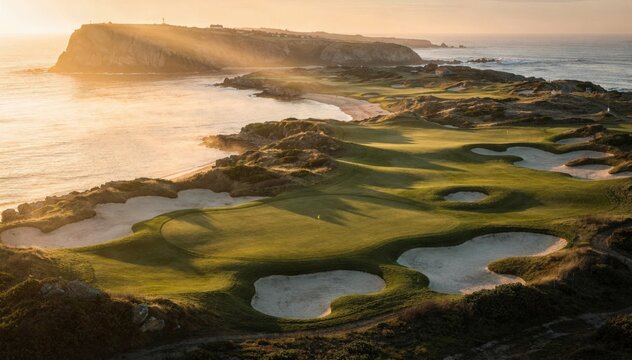Wide overhead medium shot showing coastal golf course fairways and reflective water hazards illuminated by golden sunrise with distant cliffs artistically out of focus.