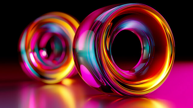 Two colorful translucent glass torus shapes positioned on a reflective pink surface with dramatic lighting, vivid reflections, and a dark background.