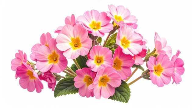 Delicate pink blossoms with vibrant yellow centers on a white background