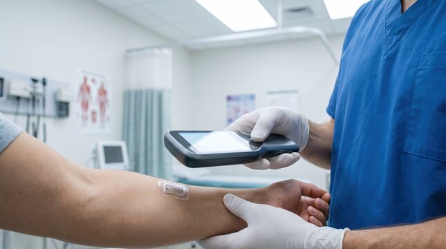 Healthcare worker using a digital scanner to read a continuous glucose monitor on patient arm