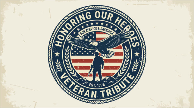 Honoring our heroes veteran tribute vector emblem with eagle and soldier walking silhouette