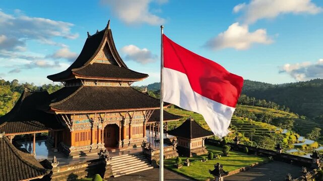 Indonesian National Flag Waving in Front of Scenic Balinese Temple