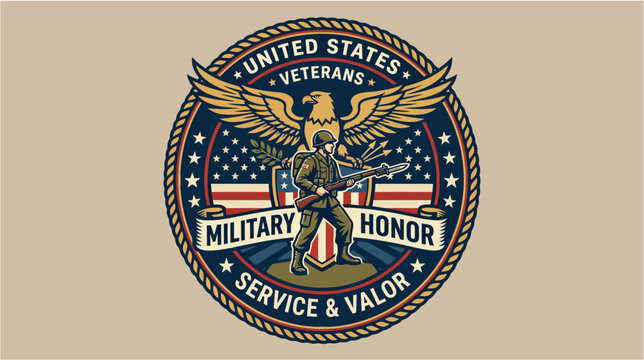 United States veterans military honor vector badge with bald eagle and soldier