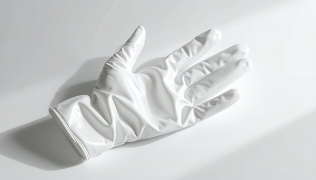A shiny white latex glove is splayed open on a clean white surface, casting a shadow